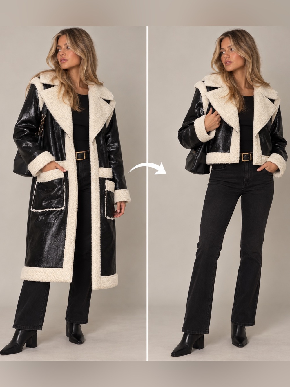 Eloquii Cream and Black Teddy Sherpa Detachable Coat